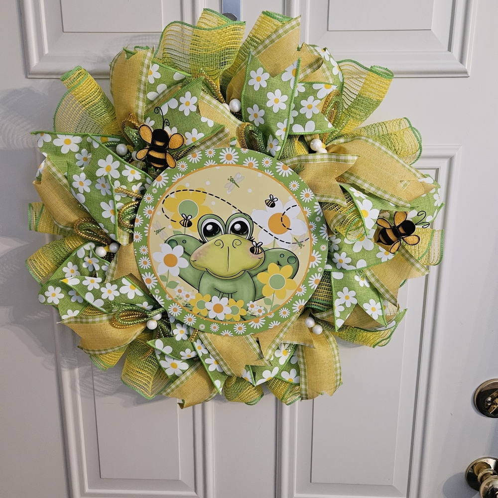 Spring Frog & Bees Decorative Door Wreath - Yellow & Green